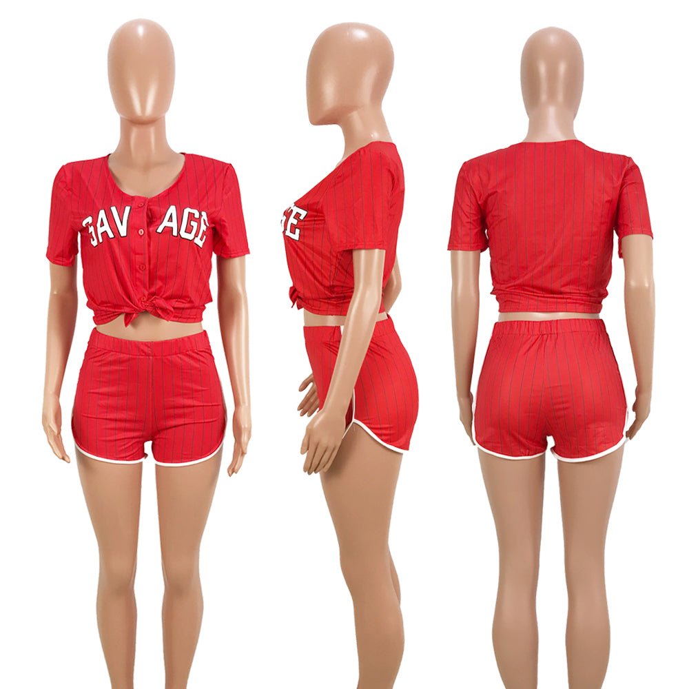 Women Sexy Women Striped Letter Baseball Top and Skirt Two-piece Set 24