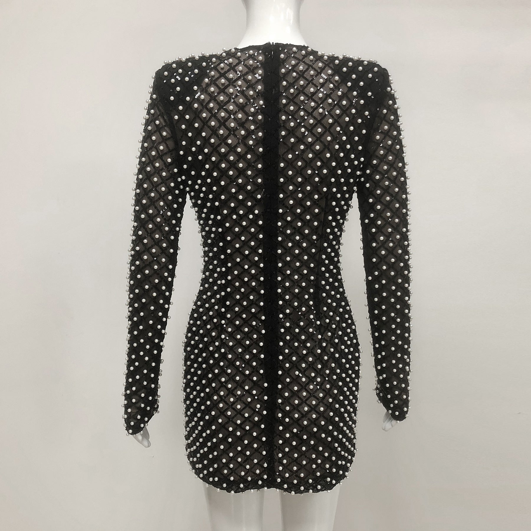 Women long-sleeved beaded rhinestone V Neck party bandage dress 15