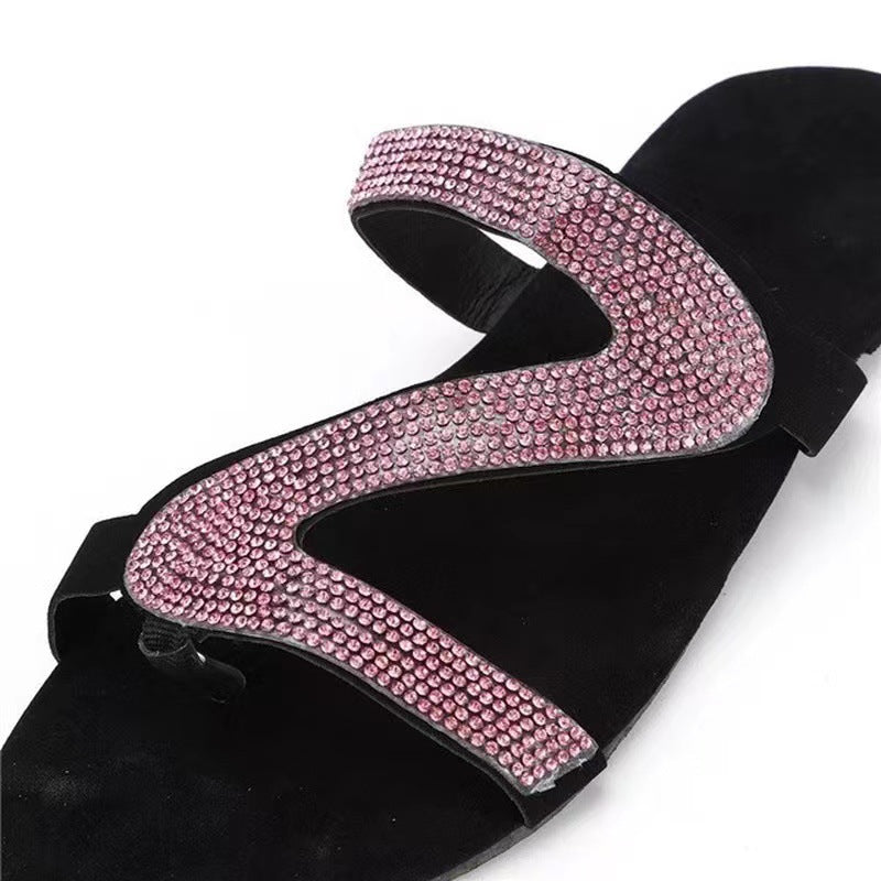 Plus Size Flat Sandal Flip flops Z-line Rhinestone Clip Toe Casual Outdoor Wear Beach Women's Shoe 22