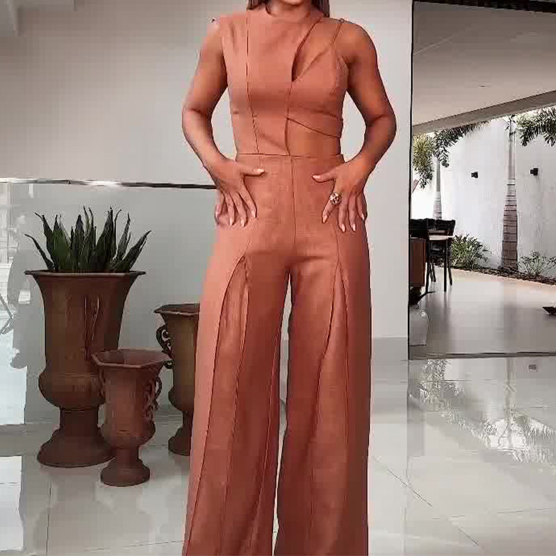 Summer Fashion Round Neck High Waist Solid Color Hollow Wide Leg Jumpsuit 5