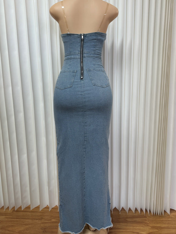Beaded Denim Strap Dress Strapless Sexy Slit Maxi Dress 5