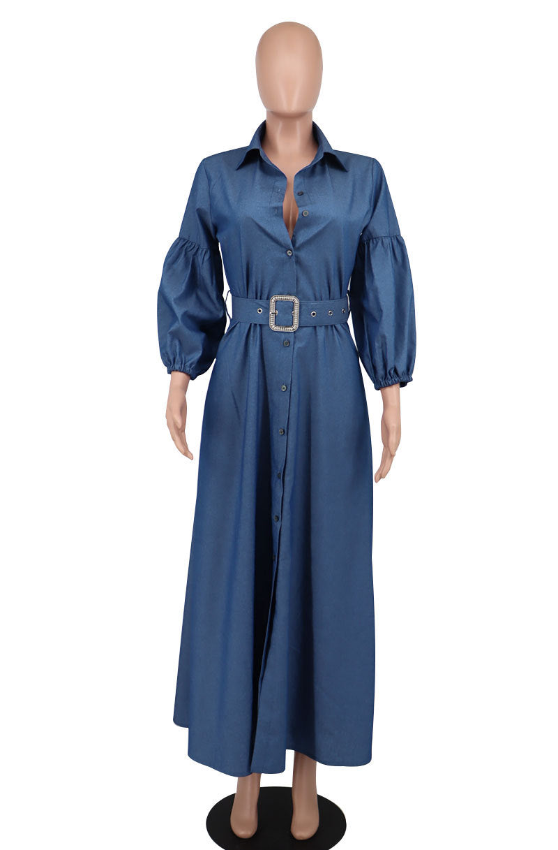 Women Fall Blue Long Sleeved Denim Shirt Dress 8
