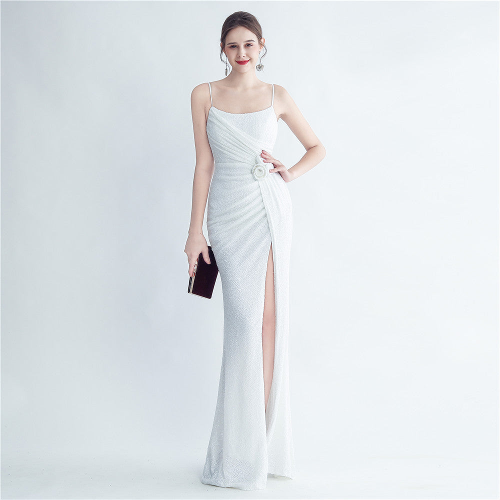 Fashion Pleated Sequin Flower Slit Elegant Straps Evening Dress 13