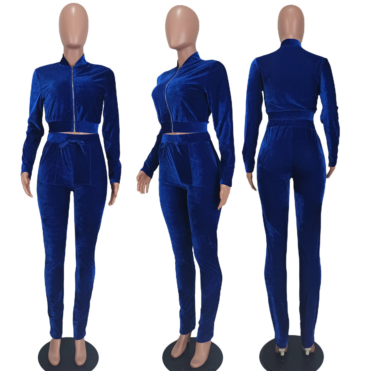Ladies Fashion Casual Solid color Zip Long Sleeve Two Piece Tracksuit 14