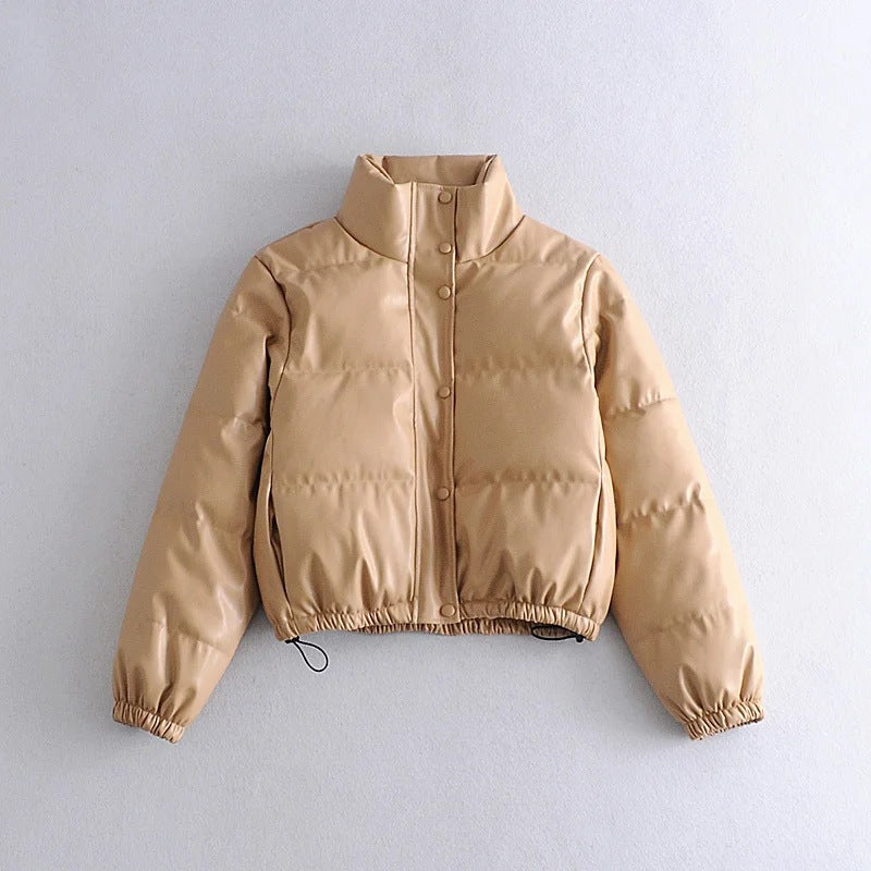 Leather Casual solid color leather cotton-padded Stand Collar jacket 40