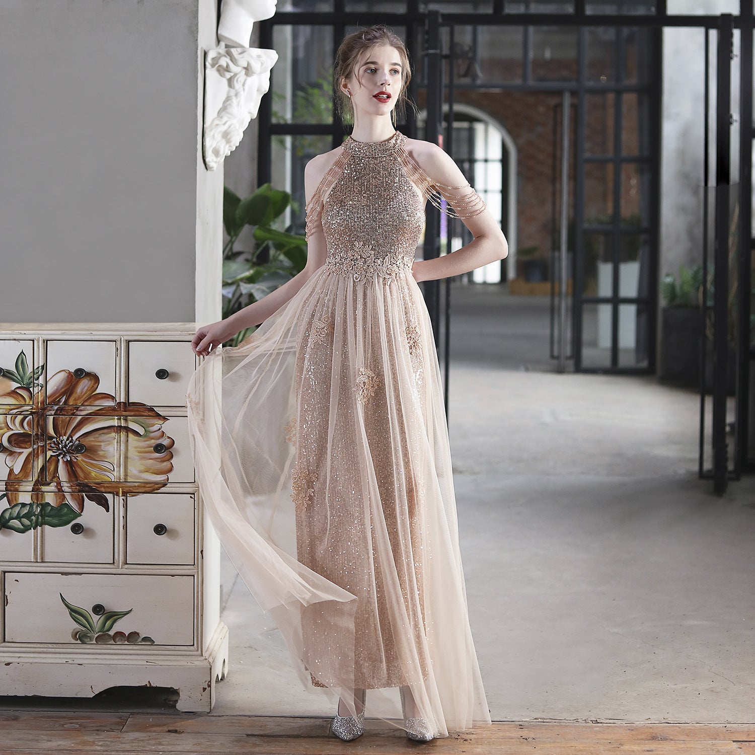 Luxury Sequin Mesh Brides Dress Elegant Formal Party Evening Gown 5