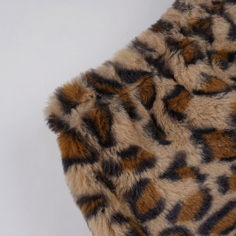 Women Leopard Print Off-Shoulder Long-Sleeved T-Shirt and Furry Shorts Two-Piece Set 34