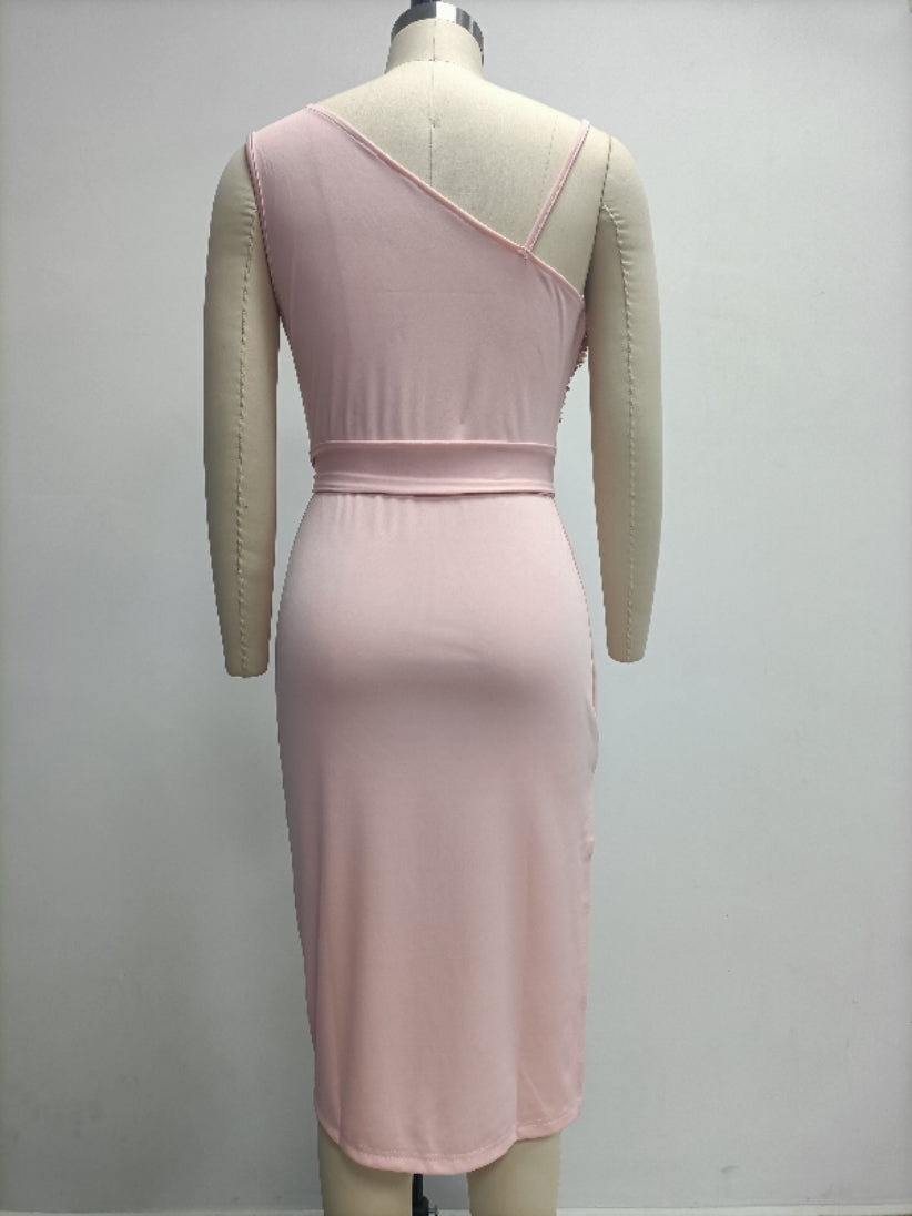 Women'S Solid Color Sexy Sequin Patchwork Slit Belt One Shoulder Evening Dress Nightclub Dress 14