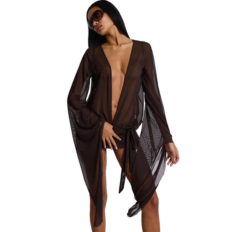 Spring Sexy Deep V See-Through Low Back Lace-Up Solid Mini Dress 6