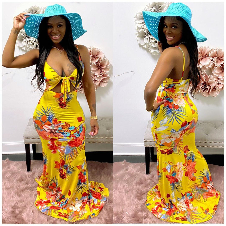 Printed Lace-Up Hollow Strap Long Dress