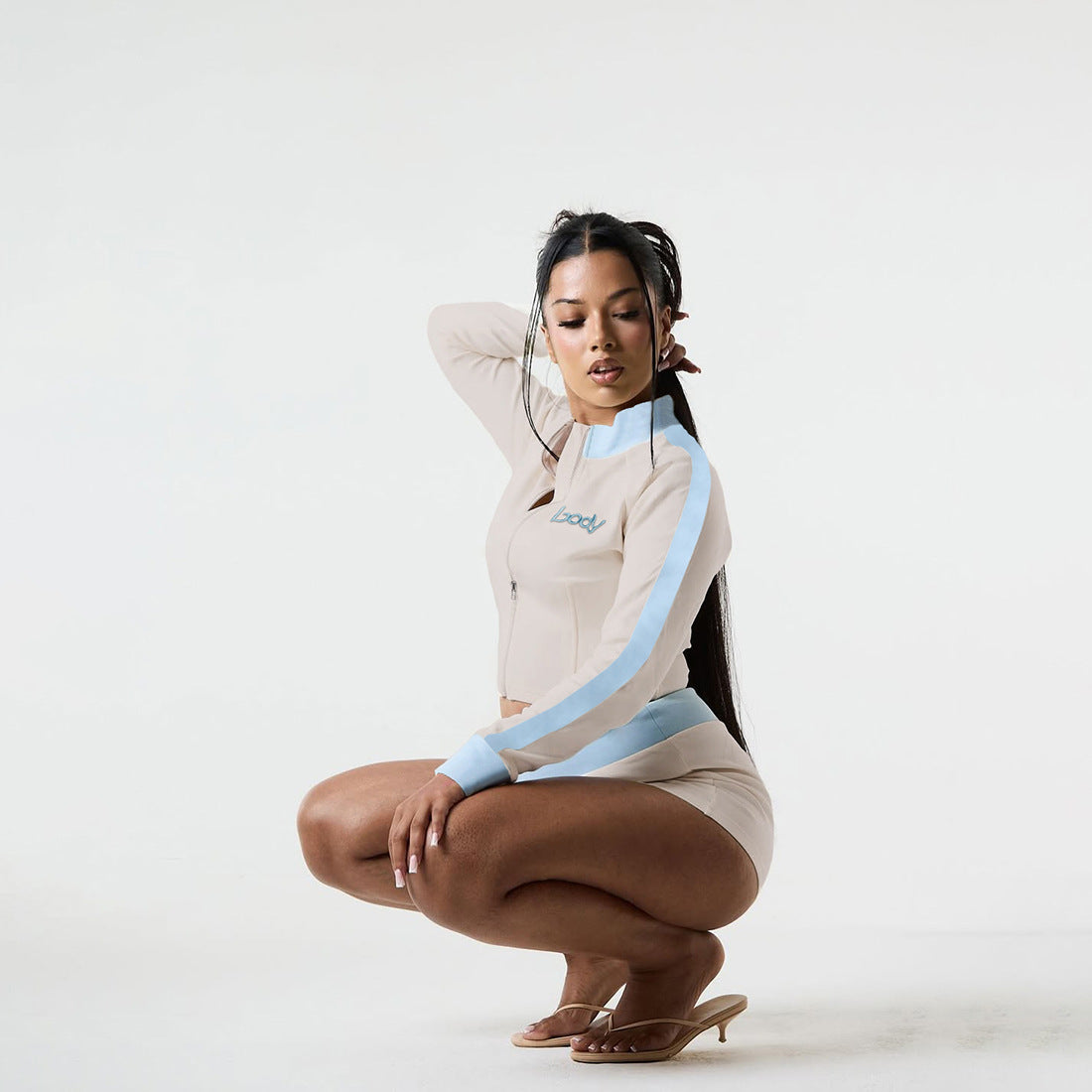 Women Fall Stand Collar Contrast Letter Embroidered Zipper Top and Shorts Two-Piece Set 7