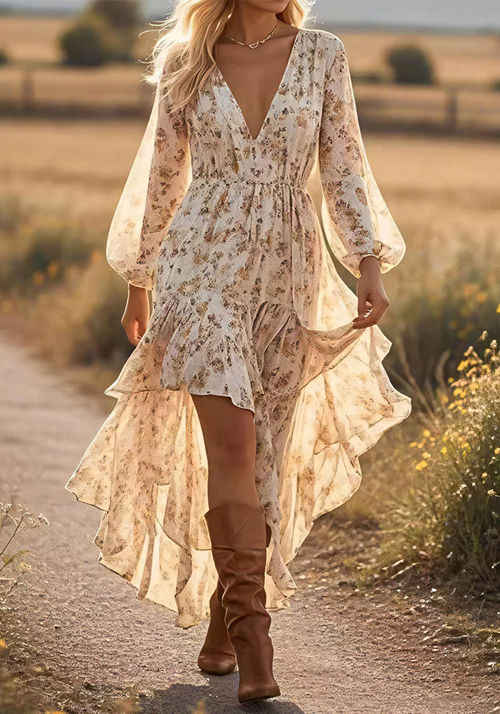 Spring V-Neck Bohemian Floral Long-Sleeve Mini Dress