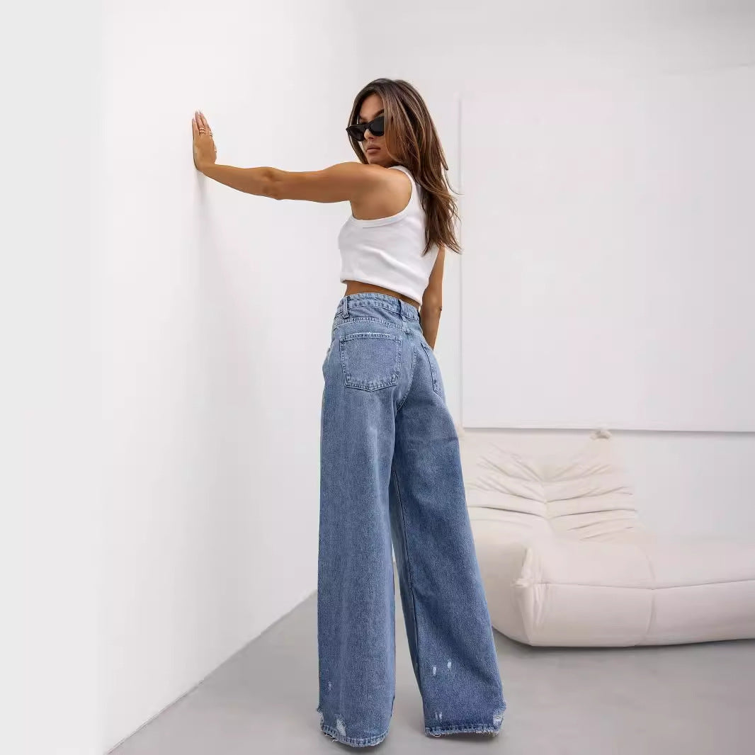 Straight Ripped Denim Pants Women's Summer Wide Leg Jeans 4