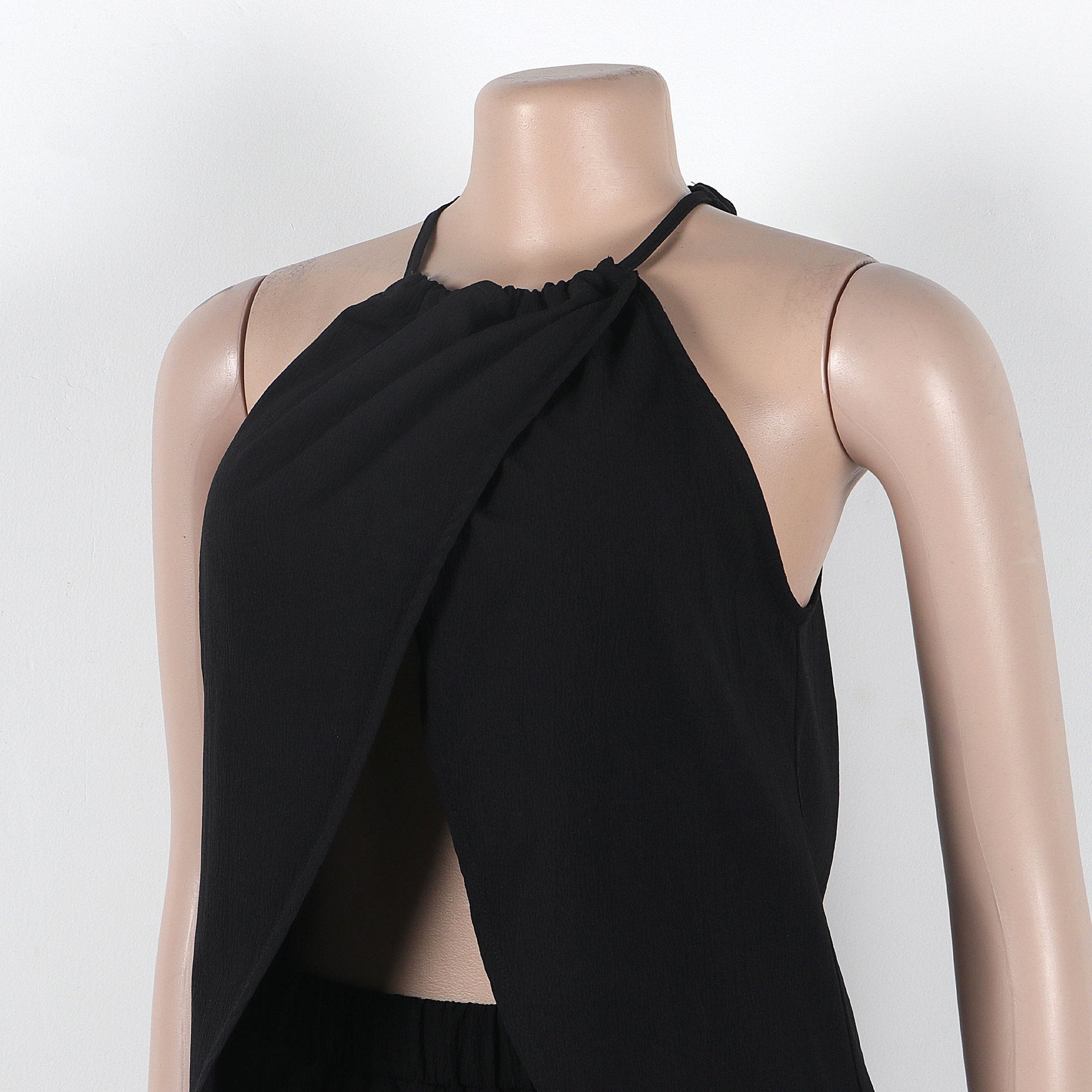 Women sexy solid slit halter neck lace-up sleeveless top and shorts two-piece set 49