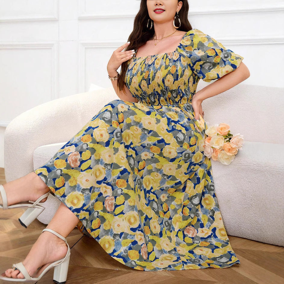 Plus Size Floral Square Neck Puff Sleeve Summer Slim Waist Chic A-Line Maxi Dress 4