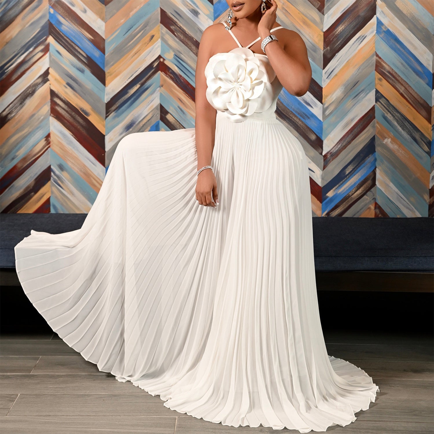 Women's Summer Halter Neck Flower Solid Color Wide Leg Plus Size Jumpsuit 5