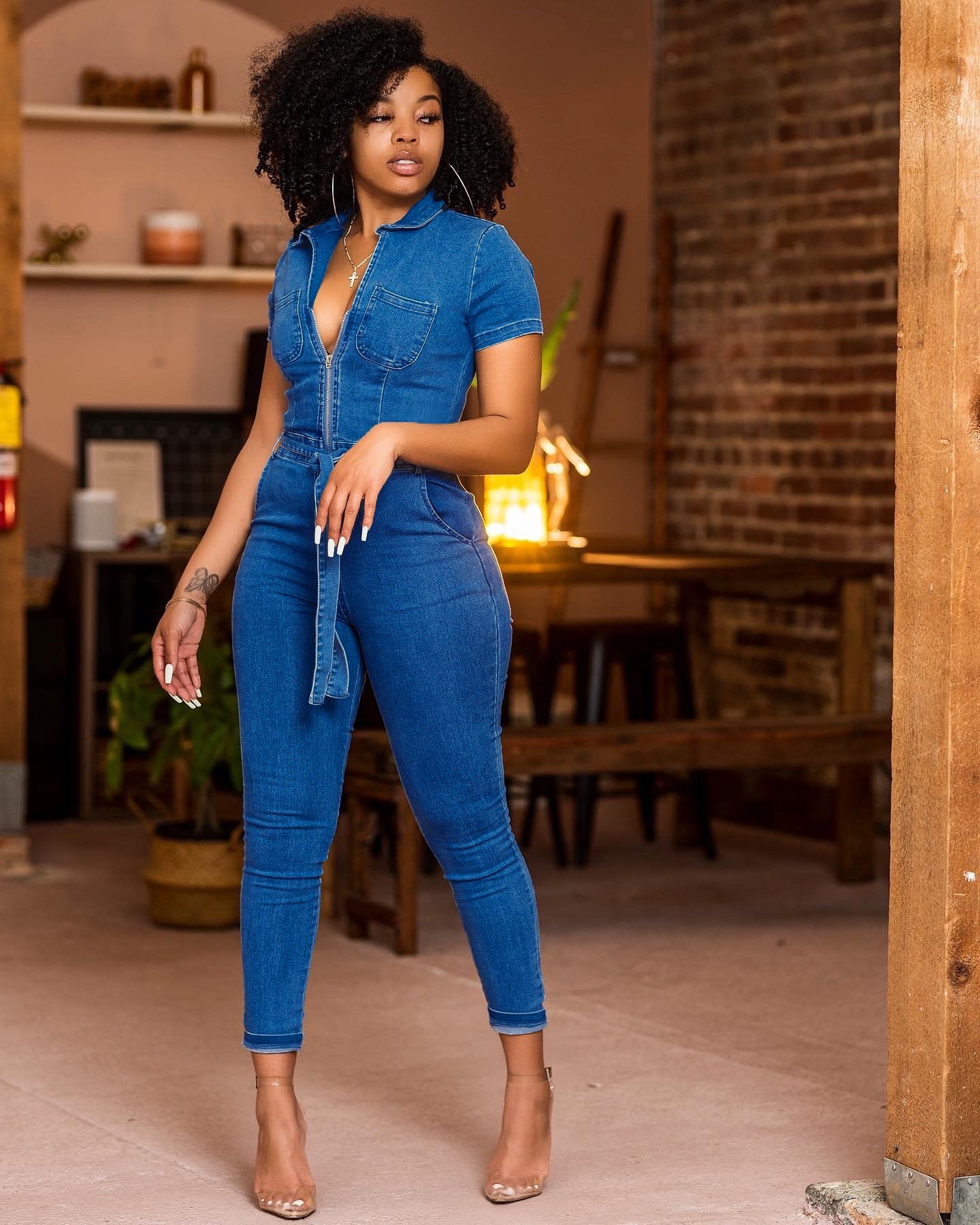 Women'S Sexy Fashion Short Sleeve Zip Slim Fit Denim Jumpsuit 5
