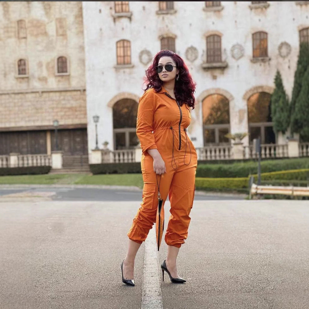 Plus Size Women Solid Turndown Collar pocket sexy Jumpsuit 11