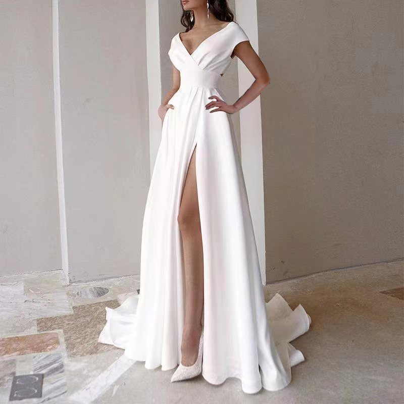 Women’s Chic Eveningwear Off Shoulder Solid Color Slit Maxi Dress