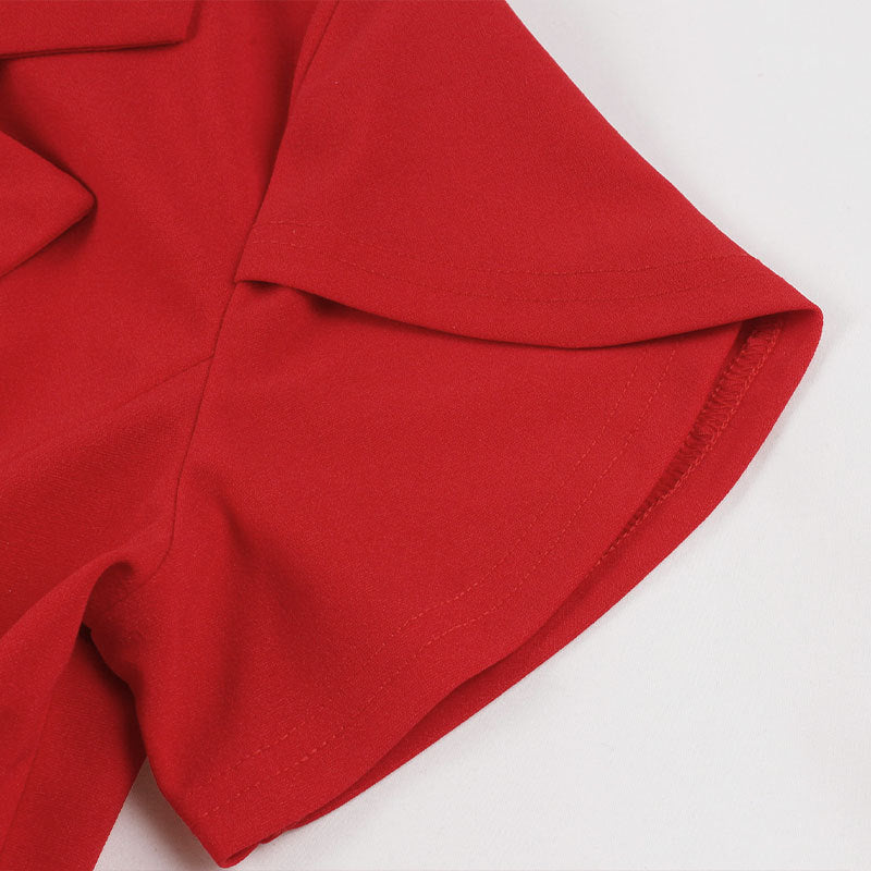 Summer Women Red Turndown Collar Short Sleeve Dress 9