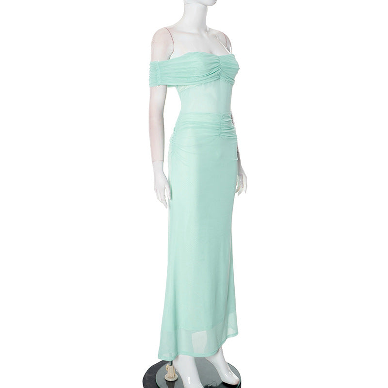 Women Solid Strapless Off-Shoulder Mesh Pleated Dress 7