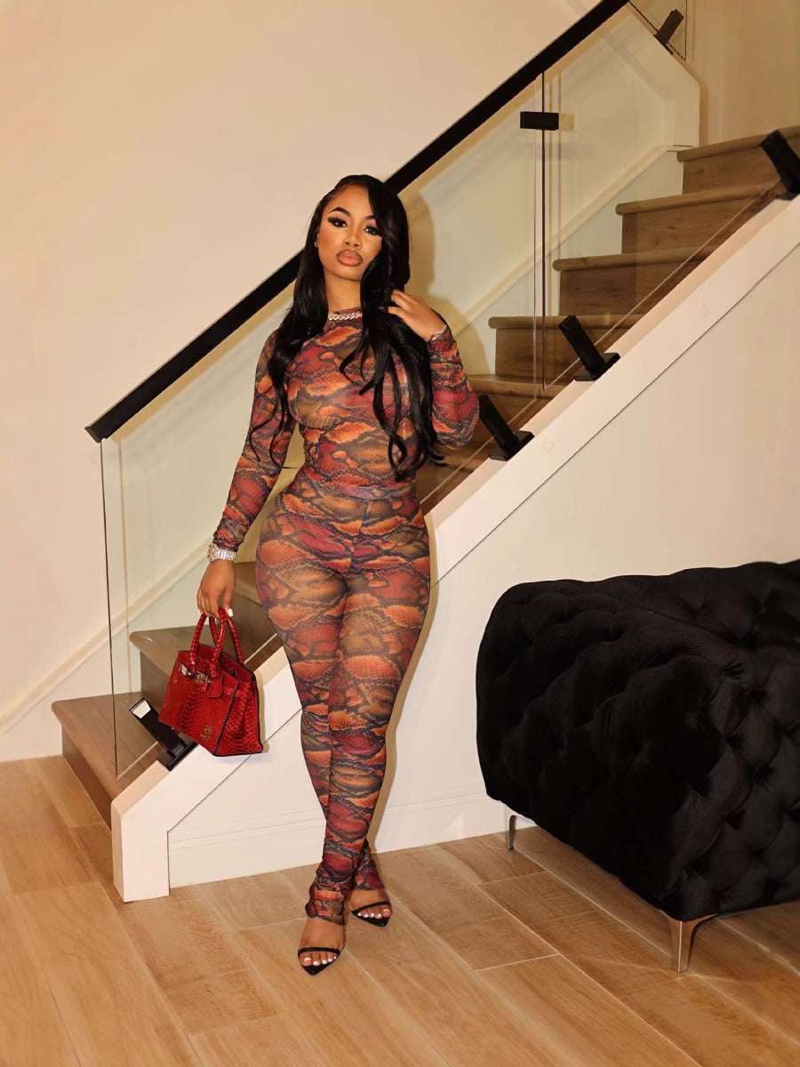 Tie-Dye Printed Translucent Mesh Long-Sleeve Tight-Fitting Women's Summer Slim Two Piece Pants Set 4