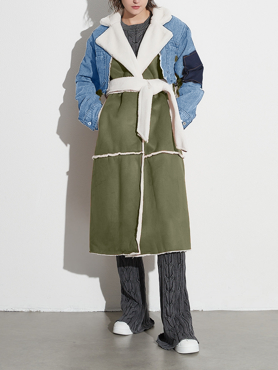 Women Autumn/Winter Turndown Collar Long Sleeve Lace-Fly Lamb Maxi Colorblock Denim Coat 5