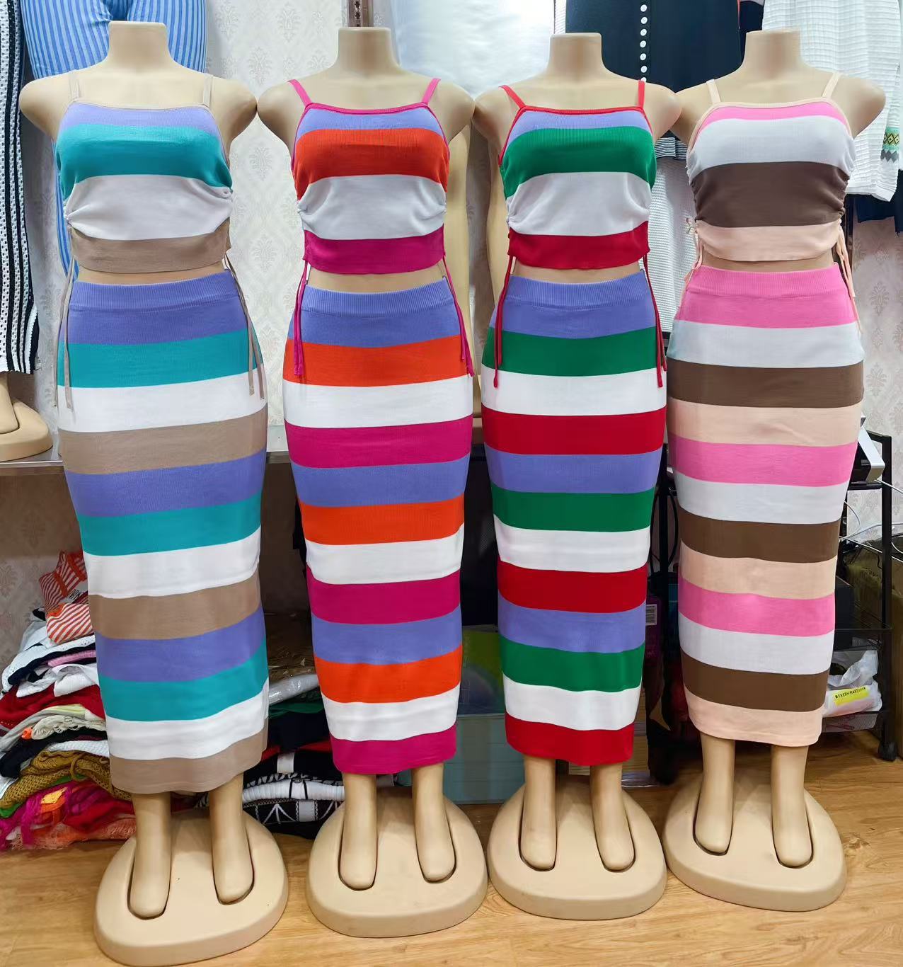 Knitting rainbow slim summer Strap two piece skirt set 6