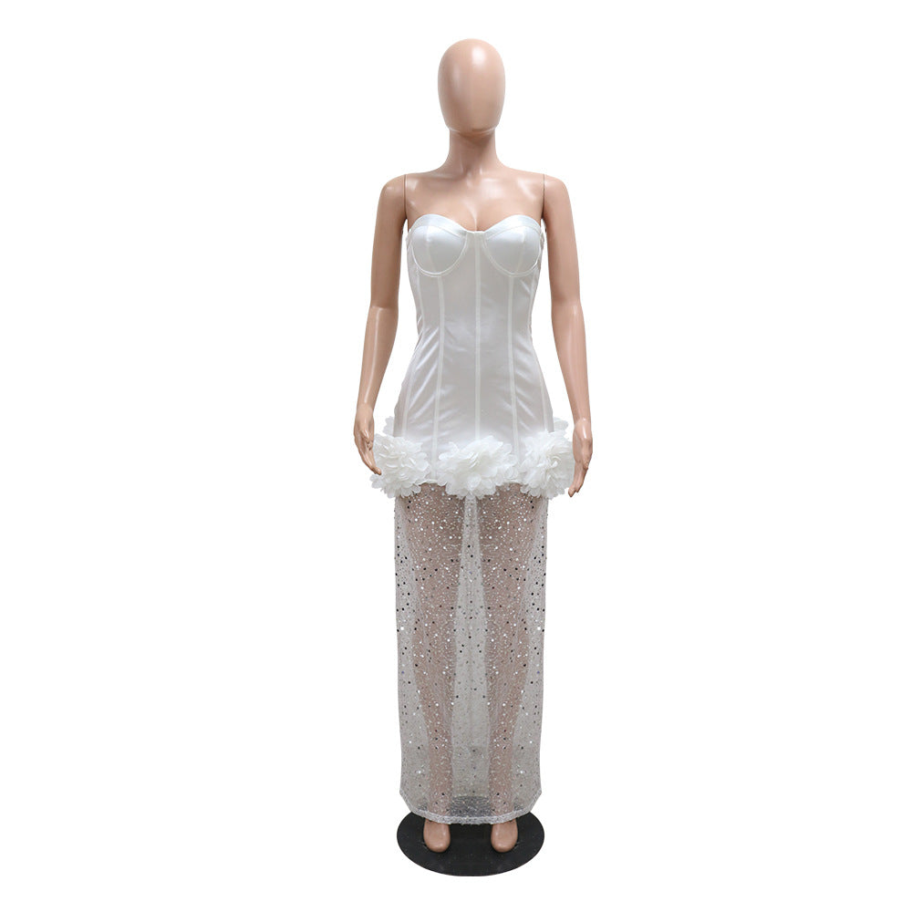 strapless solid color satin Patchwork mesh fashion club dress 10