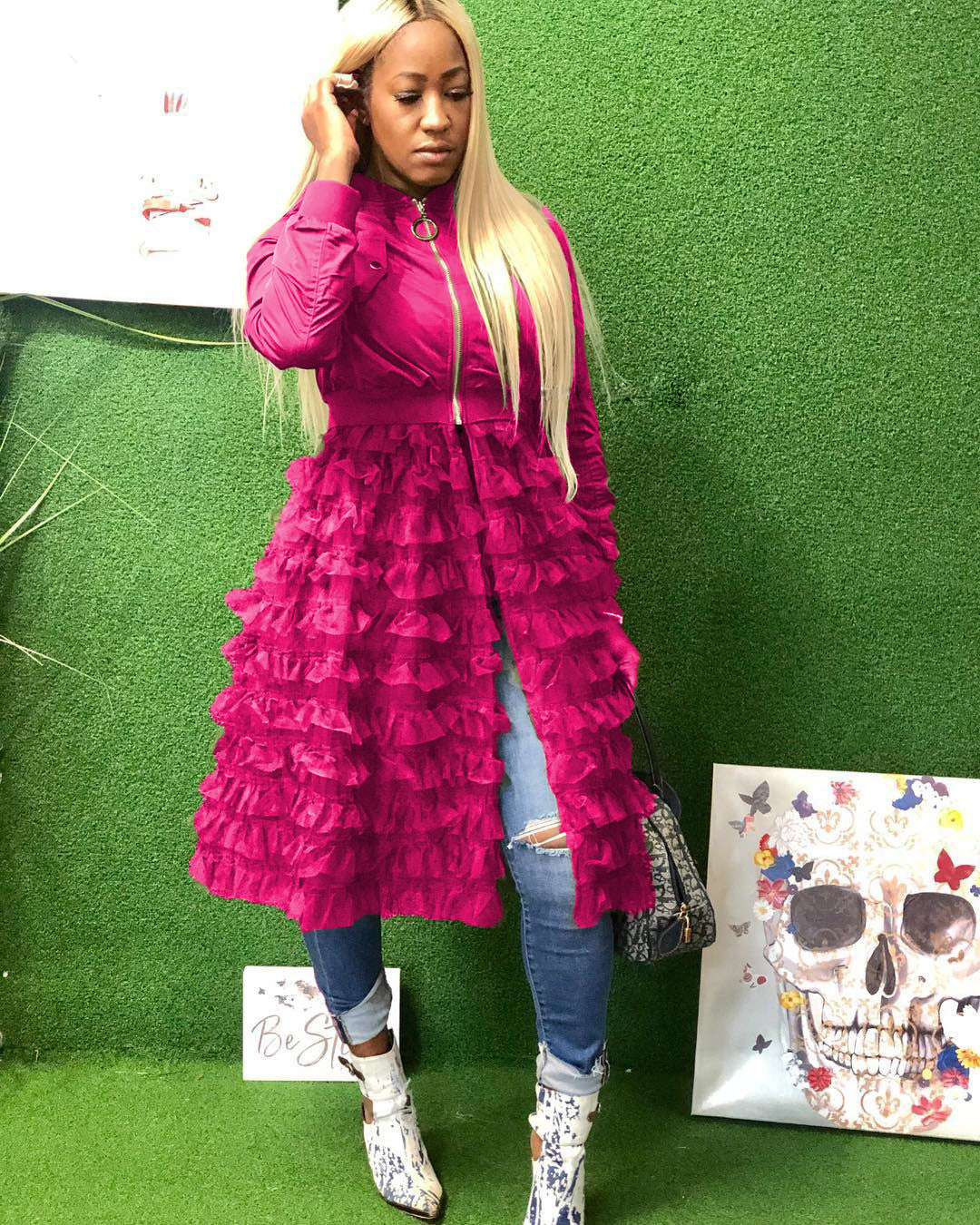 Fashionable Zipper Solid Color Mesh Lace Patchwork Jacket Coat 12