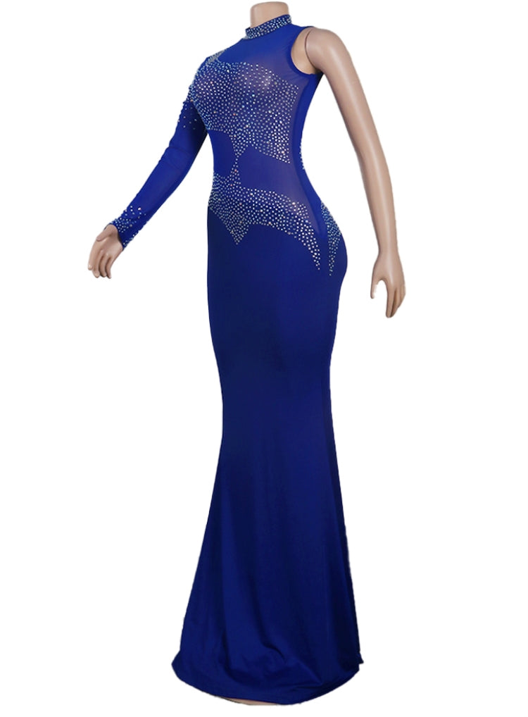 Fall Sexy Blue Sequins One Shoulder High Neck Long Dress 4