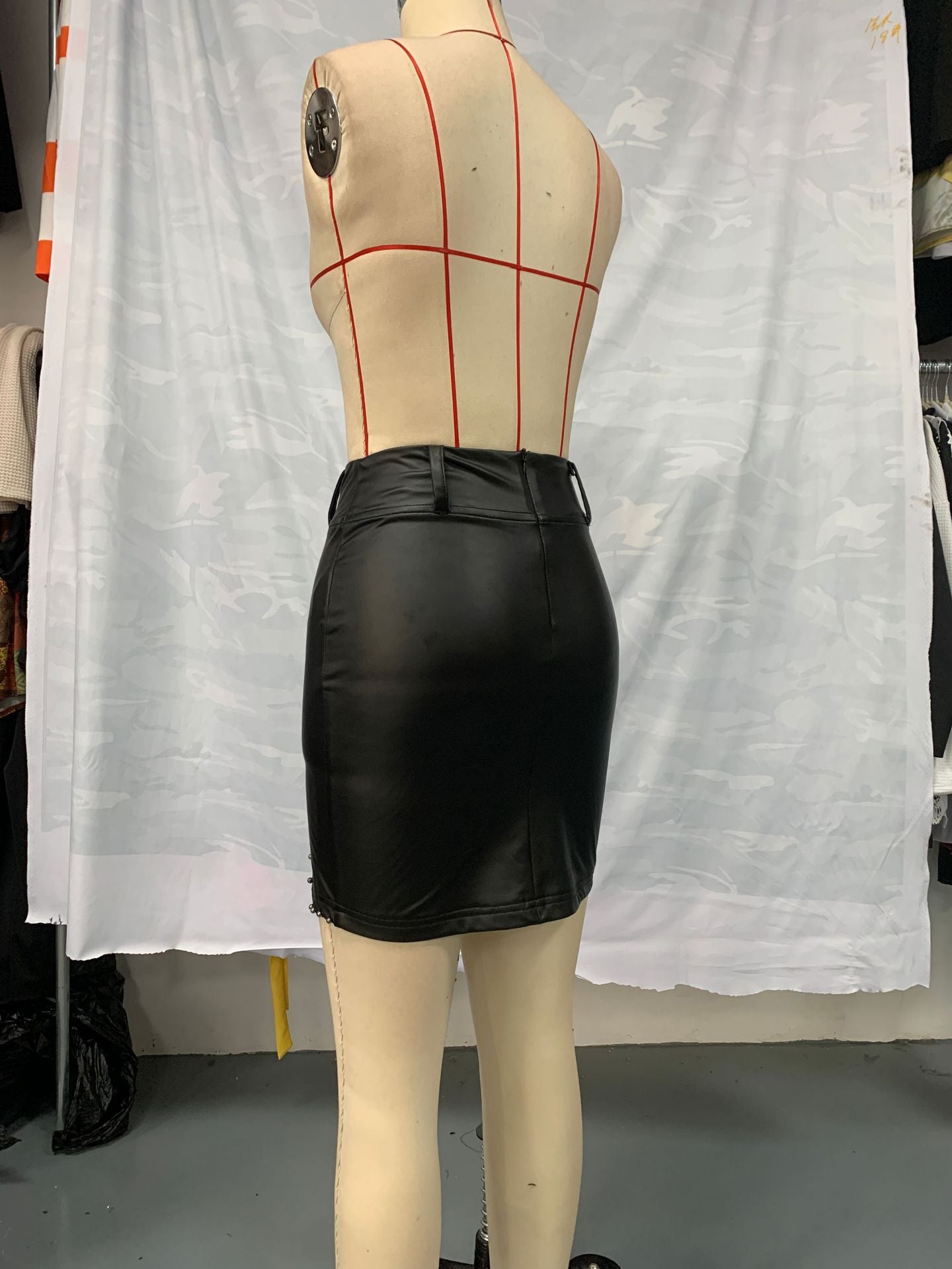 Women Casual Solid Pu-Leather Belt Zipper Bodycon Skirt 10