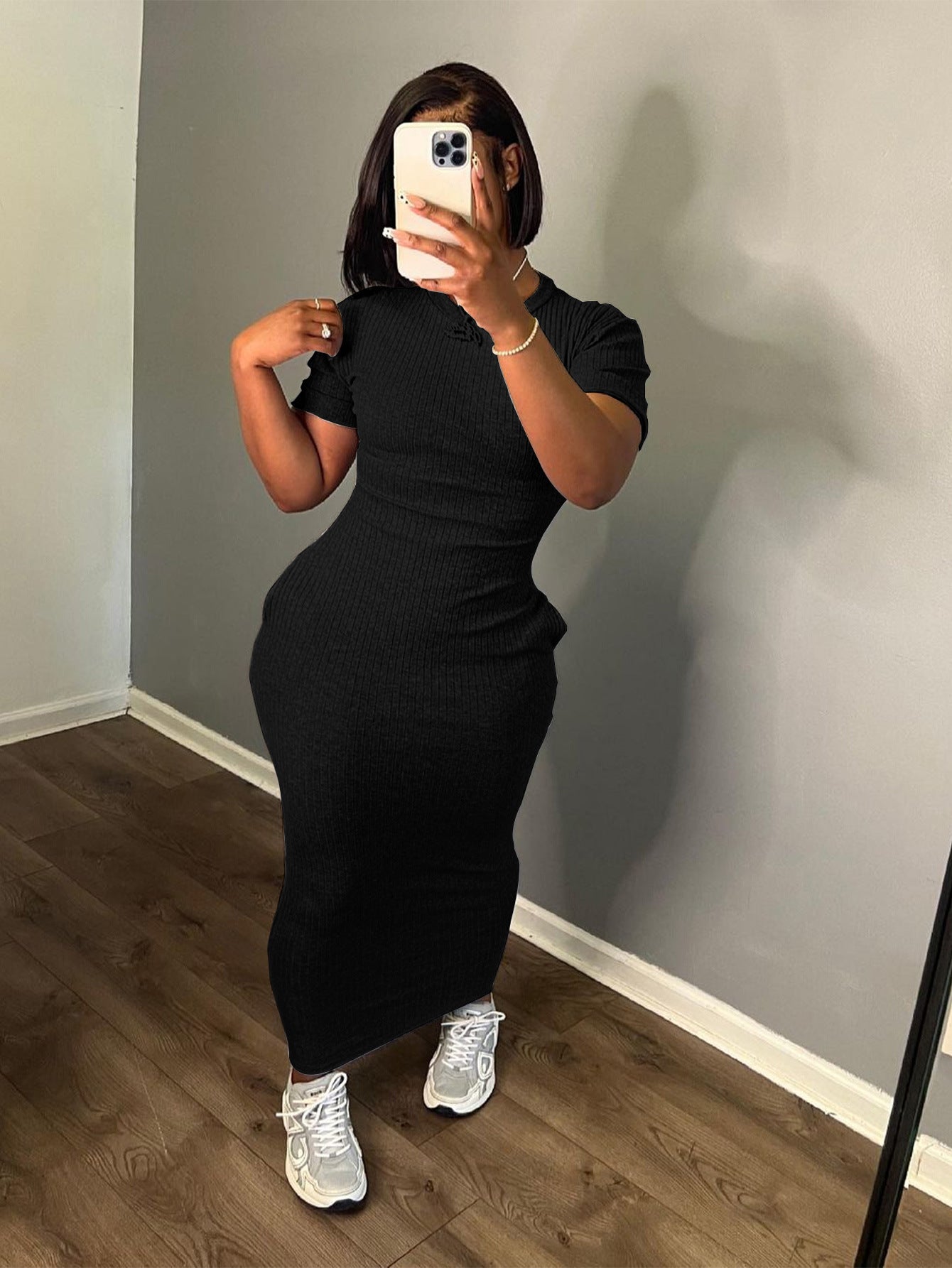 Summer Women's Fashion Round Neck Solid Rib Short Sleeve Sexy Slim Long Dress 15