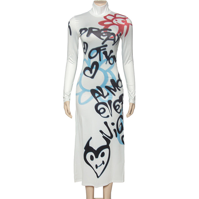 Women Fall Round Neck Long Sleeve Graffiti Letter Print Dress 8