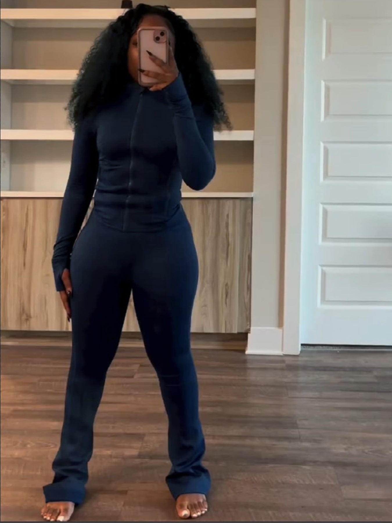 Sports Casual Women's Sexy Tight Fitting Long Sleeve Top Micro Bell Pants Two-Piece Set 15