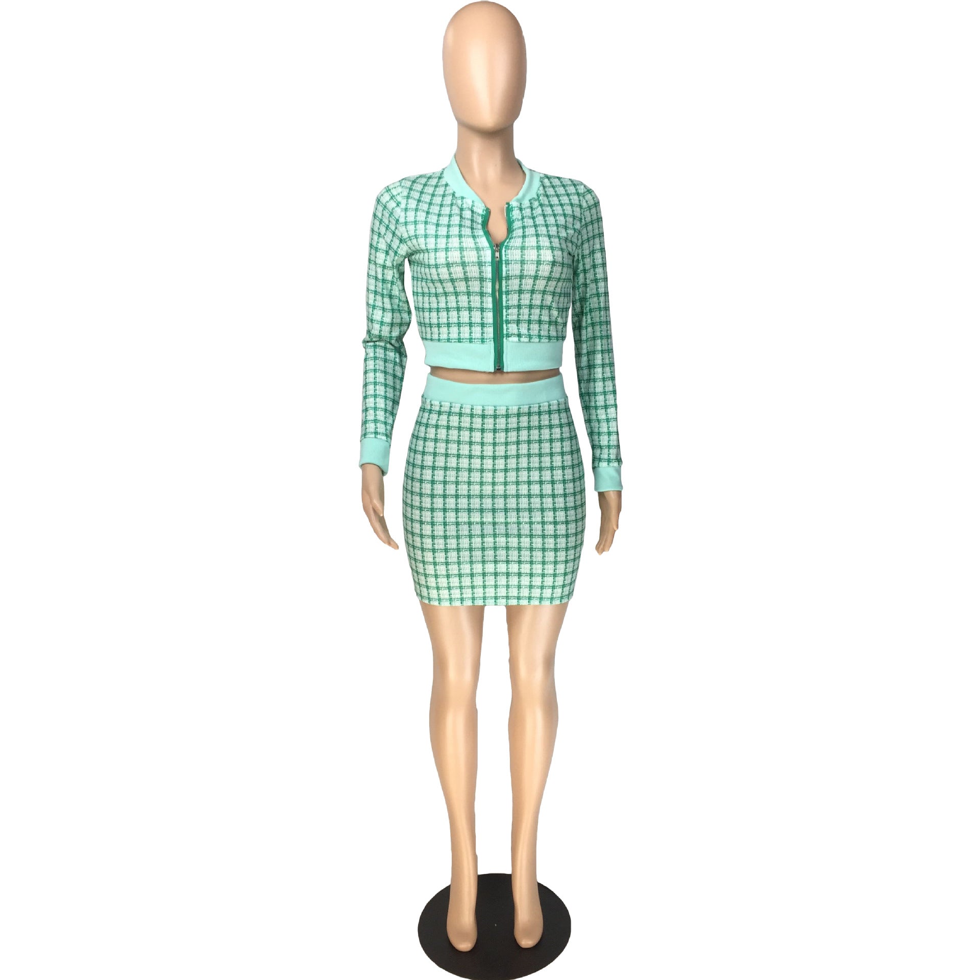 Women Plaid Ribbed Long Sleeve Top and Skirt Two-piece Set 26