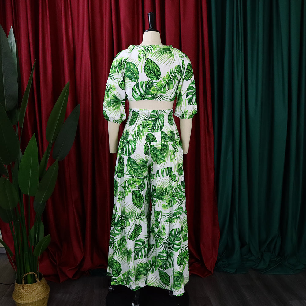 Women Printed V-neck Lace-Up Top + Wide Leg Pants Two-Piece Set 16