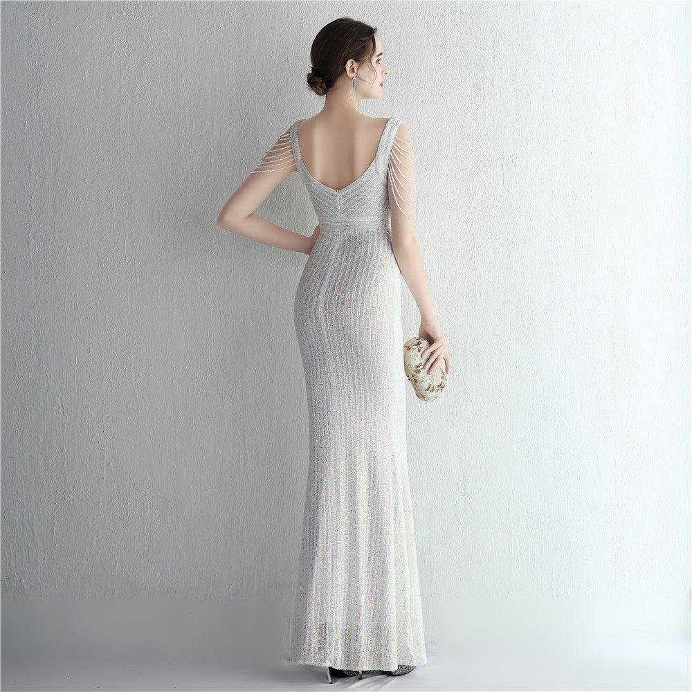 Women Sequined V-Neck Long Evening Dress 8