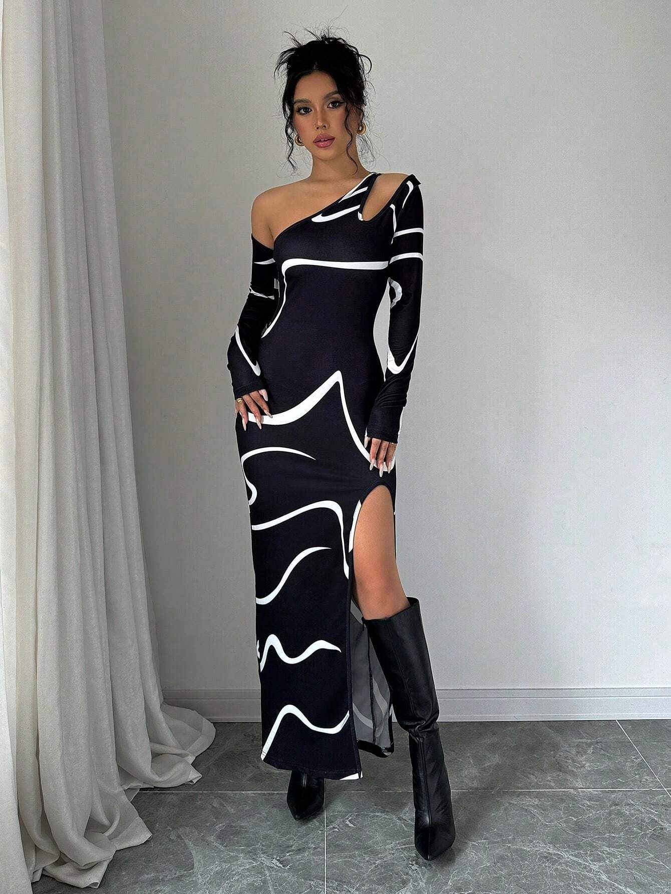 Chic Elegant Women Slash Shoulder Slim Graffiti Print Asymmetric Long Sleeve Slit Dress 4
