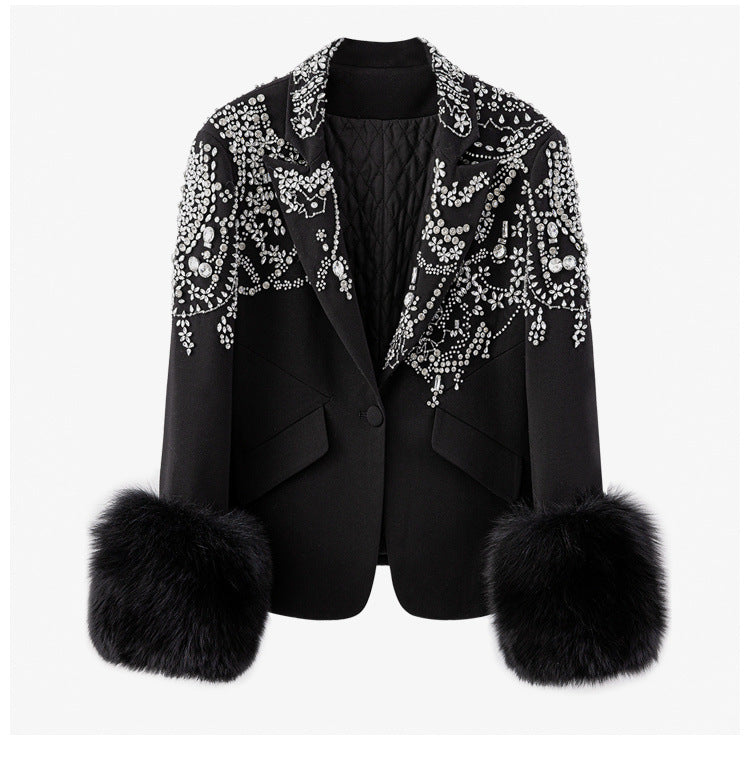 Women Spring Autumn One Button Long Sleeve Turndown Collar Beaded Black Fur Slim Fit Jacket 7
