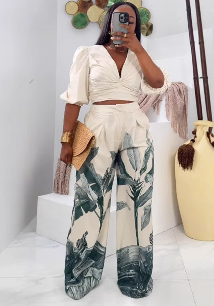 V-Neck Lantern Sleeve Top Printed Wide-Leg Pants Suit