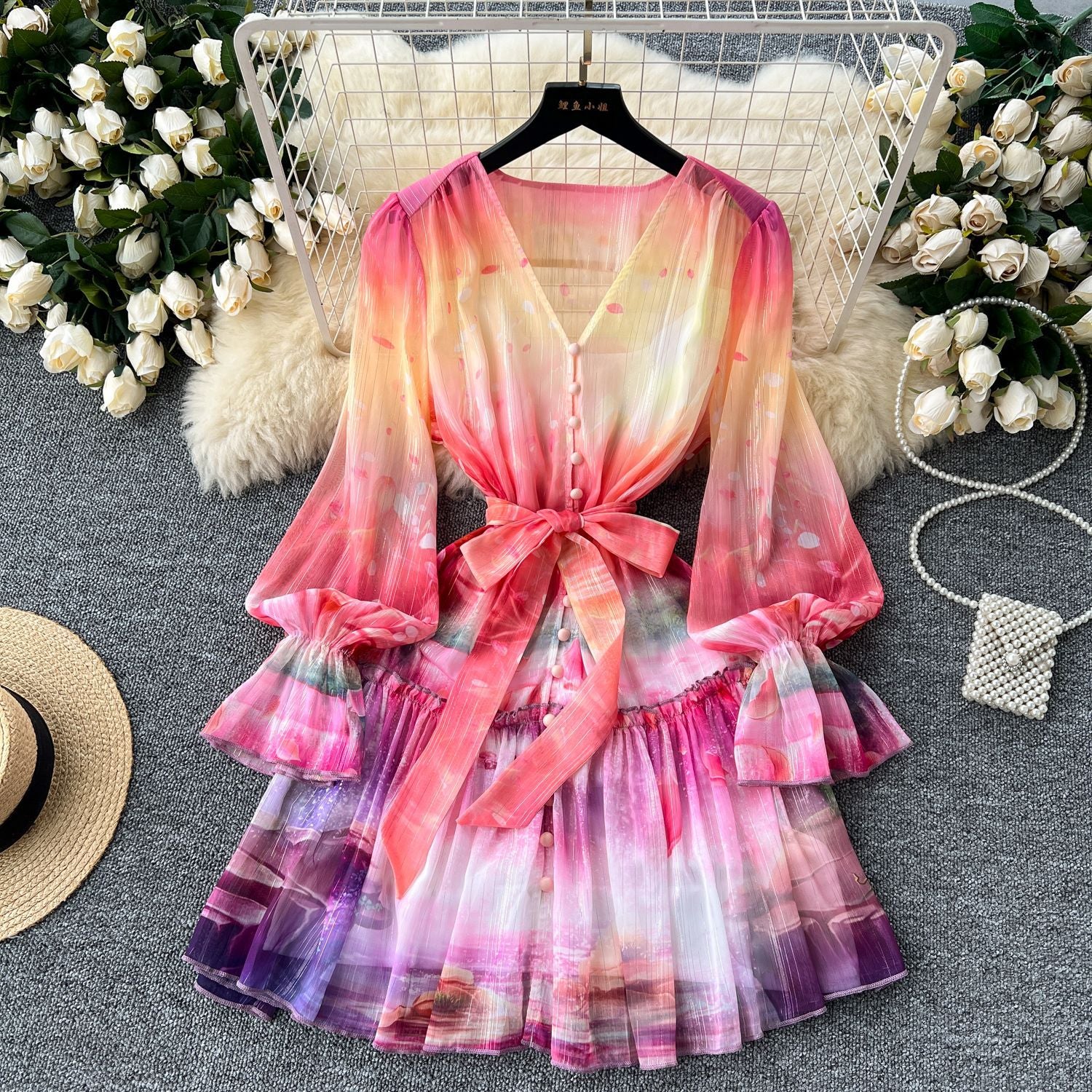 Bell Sleeve Dress Women's Bell Sleeve Floral Slim WaistBelt V-Neck Ruffle Mini Dress