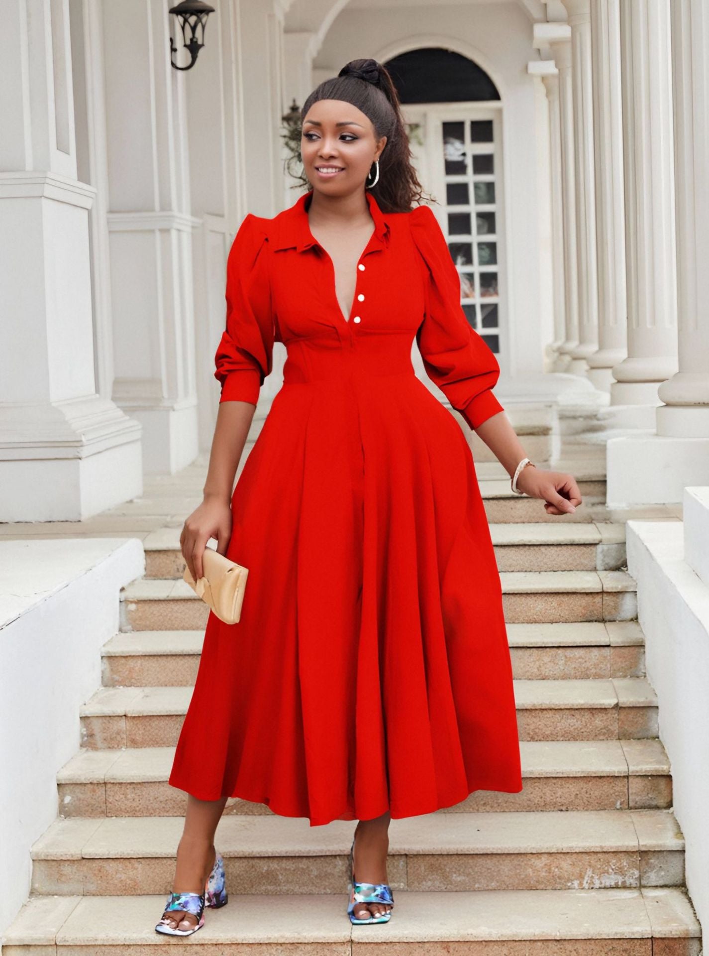 Plus Size Women Elegant Long Sleeve Solid Shirt Dress 5