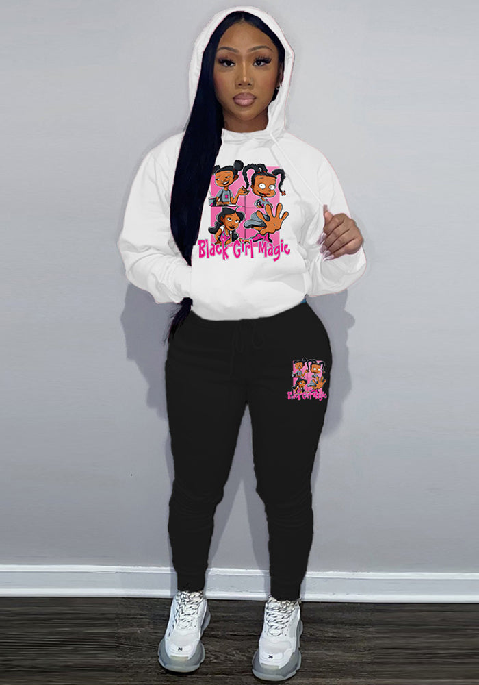 Women Printed Contrast Color Hoodies and Pant Sports Two-piece Set