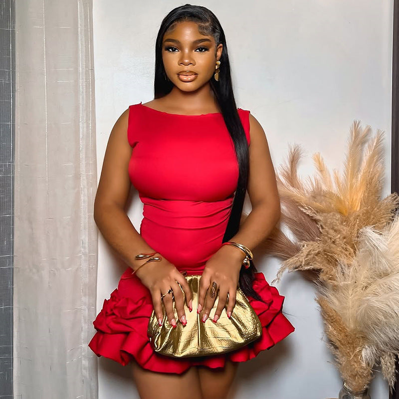 Women Sleeveless Round Neck Solid Career Pleated Mini Dress 4