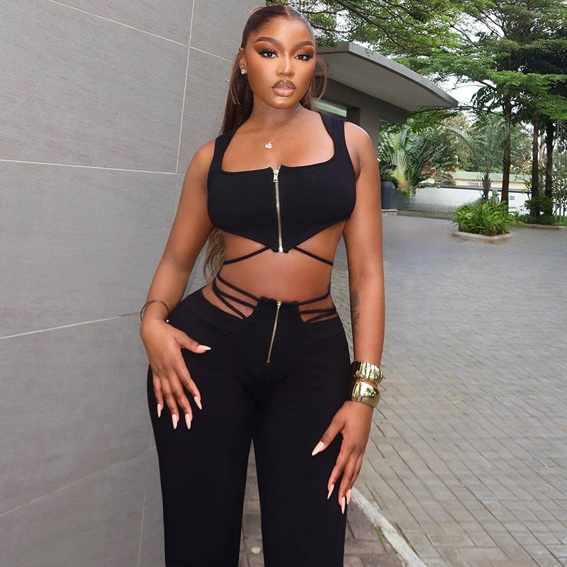 Women sexy black sleeveless Top Lace-Up Pants two-piece set 4