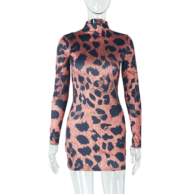 Women Elegant Printed Leopard Sexy Bodycon Stand Collar Long Sleeve Dress 8