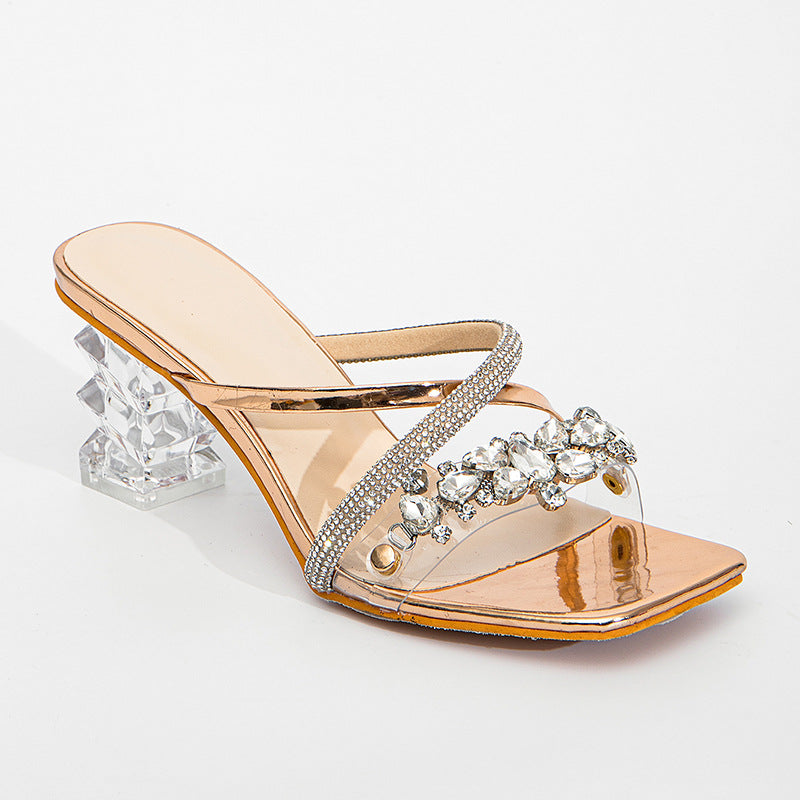Square Toe Rhinestone Transparent Chunky High-Heeled Sandals Slippers Heels 6