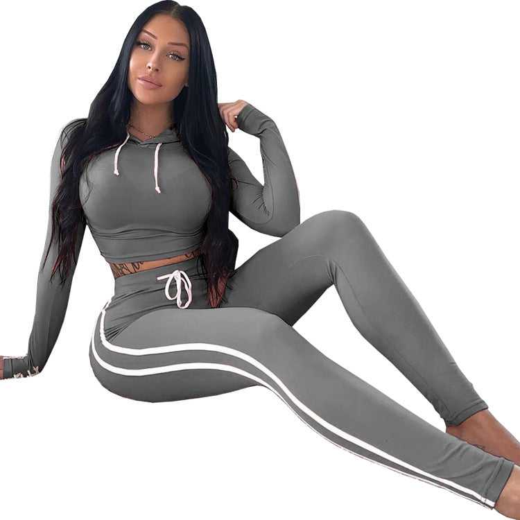 Women Striped Stretchy Hooded Drawstring Top Long Pants Two-piece Set 8