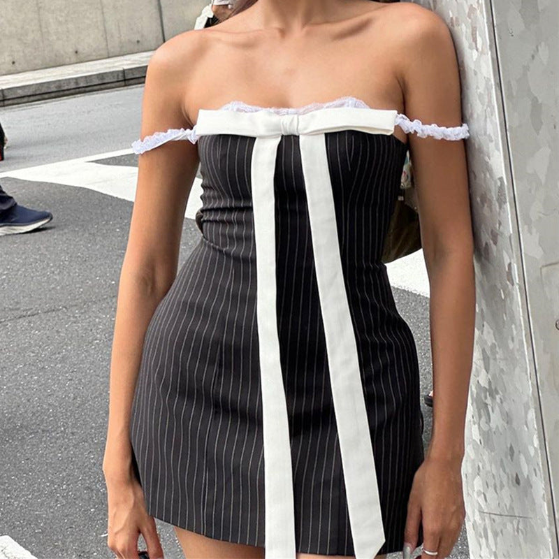 Summer Sexy Bow Lace Off Shoulder Strap Mini Women's Dress 4